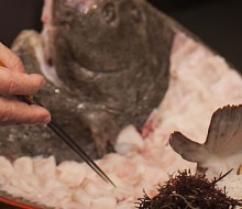 Sashimi de rodaballo en su carcasa con salsa ponzu